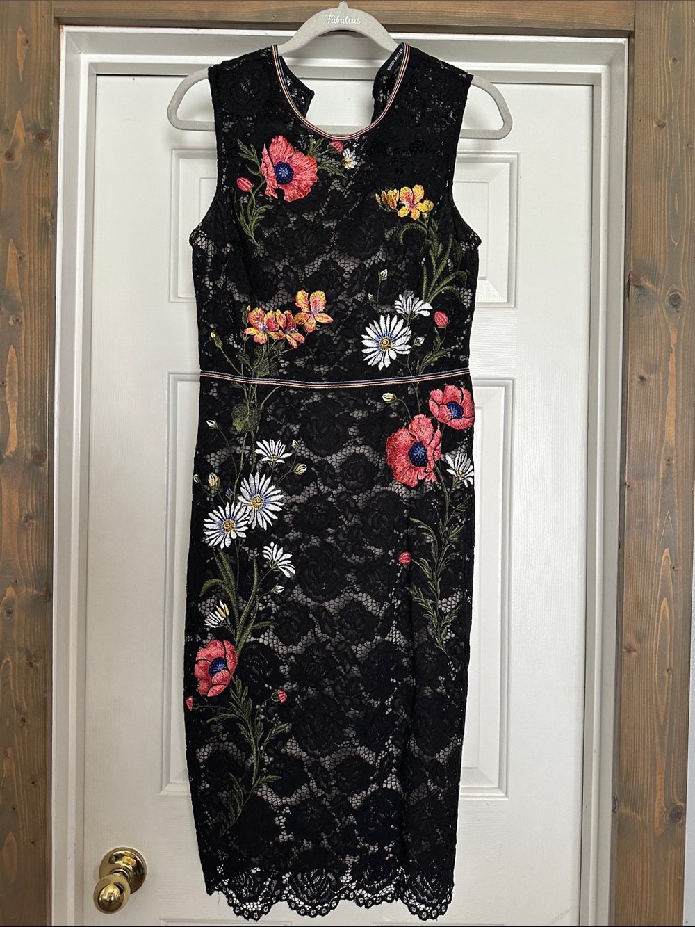 Karen Millen Black Lace Midi Dress with Multicolor Floral Embroidery